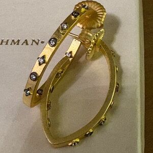 Freida Rothman Matte Gold with Black Pointed Hoop Earrings with CZ Accents